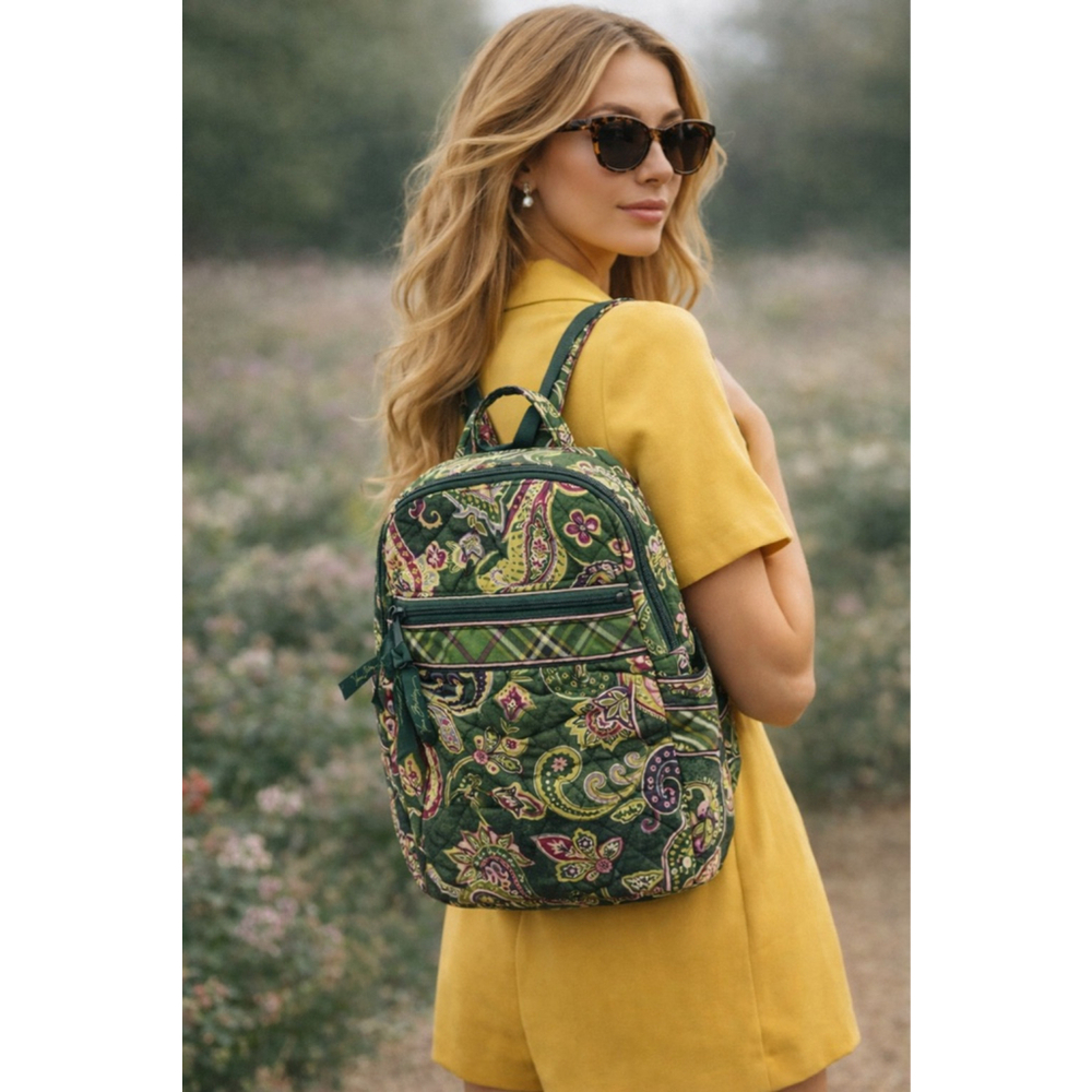 Vera Bradley Vintage Quilted Mini Backpack Green Paisley Floral Travel Bag Y2K